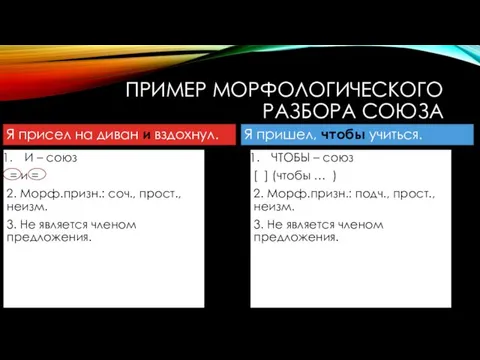 ПРИМЕР МОРФОЛОГИЧЕСКОГО РАЗБОРА СОЮЗА И – союз = и =