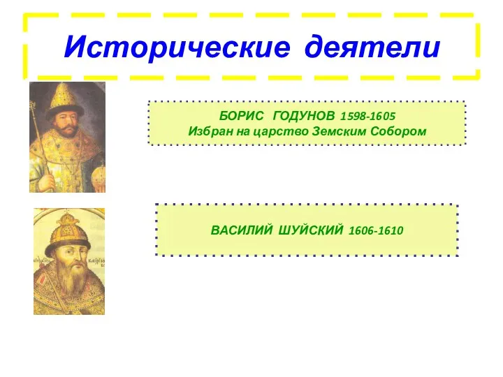 Исторические деятели БОРИС ГОДУНОВ 1598-1605 Избран на царство Земским Собором ВАСИЛИЙ ШУЙСКИЙ 1606-1610