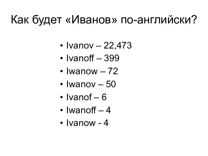 Как будет «Иванов» по-английски? Ivanov – 22,473 Ivanoff – 399