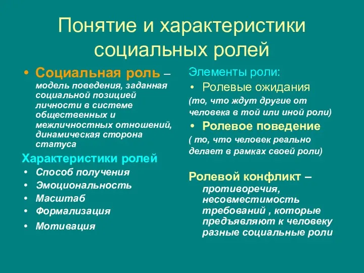 Понятие и характеристики социальных ролей Социальная роль – модель поведения,