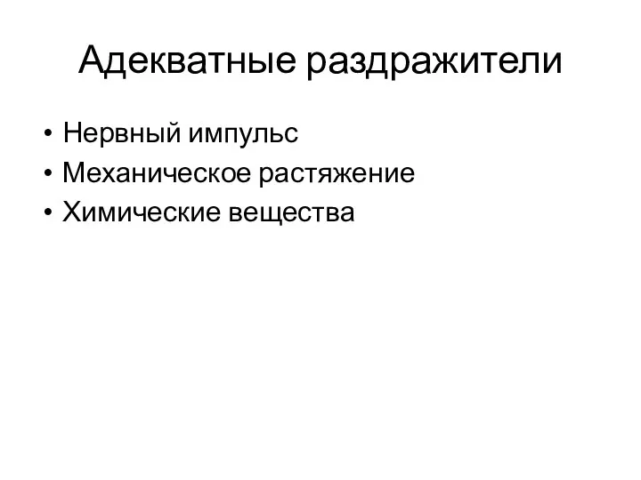 Адекватные раздражители Нервный импульс Механическое растяжение Химические вещества