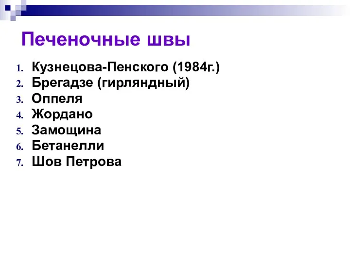 Печеночные швы Кузнецова-Пенского (1984г.) Брегадзе (гирляндный) Оппеля Жордано Замощина Бетанелли Шов Петрова