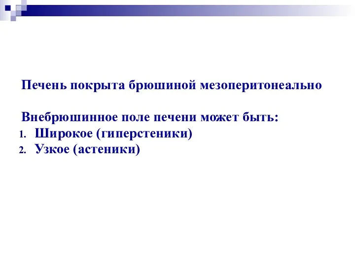 Печень покрыта брюшиной мезоперитонеально Внебрюшинное поле печени может быть: Широкое (гиперстеники) Узкое (астеники)