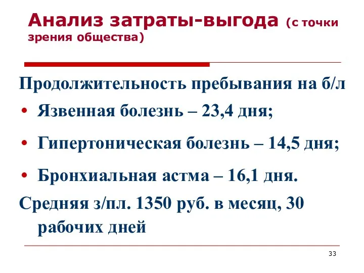 Анализ затраты-выгода (с точки зрения общества) Продолжительность пребывания на б/л