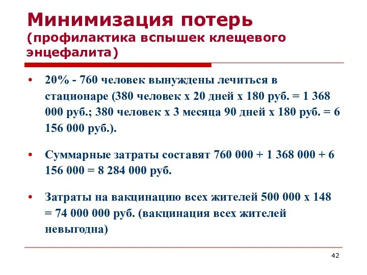 Минимизация потерь (профилактика вспышек клещевого энцефалита) 20% - 760 человек