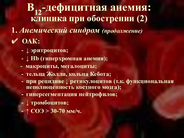 В12-дефицитная анемия: клиника при обострении (2) 1. Анемический синдром (продолжение)