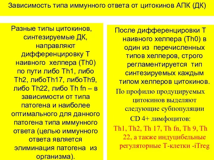 Зависимость типа иммунного ответа от цитокинов АПК (ДК) Разные типы