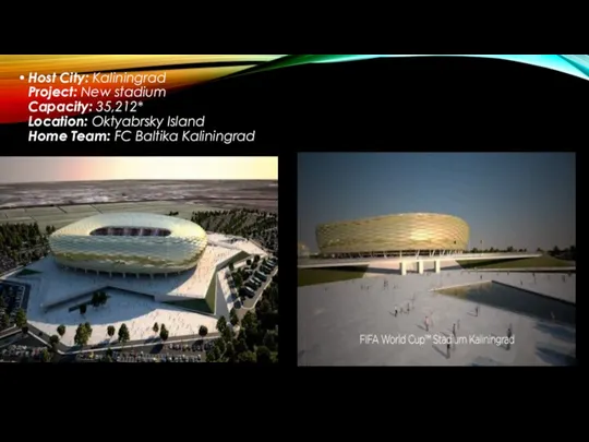 Host City: Kaliningrad Project: New stadium Capacity: 35,212* Location: Oktyabrsky Island Home Team: FC Baltika Kaliningrad