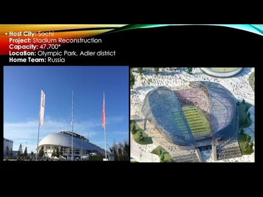 Host City: Sochi Project: Stadium Reconstruction Capacity: 47,700* Location: Olympic Park, Adler district Home Team: Russia
