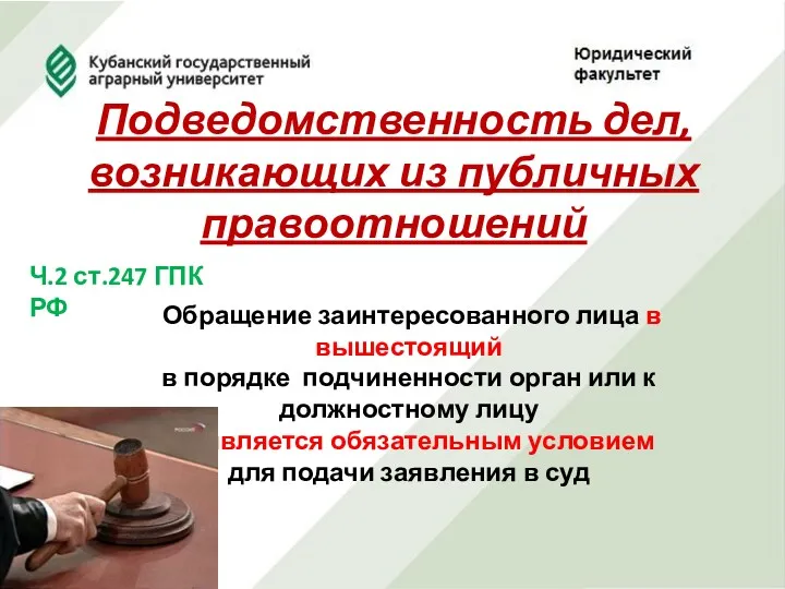 Подведомственность дел, возникающих из публичных правоотношений Ч.2 ст.247 ГПК РФ Обращение заинтересованного лица