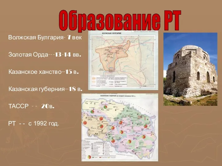 Волжская Булгария- 7 век Золотая Орда---13-14 вв. Казанское ханство—15 в.