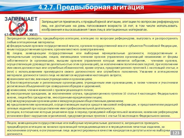 ЗАПРЕЩАЕТСЯ (пп.6,7,8 ст.48 67-ФЗ от 12.06.2002) Запрещается проводить предвыборную агитацию,