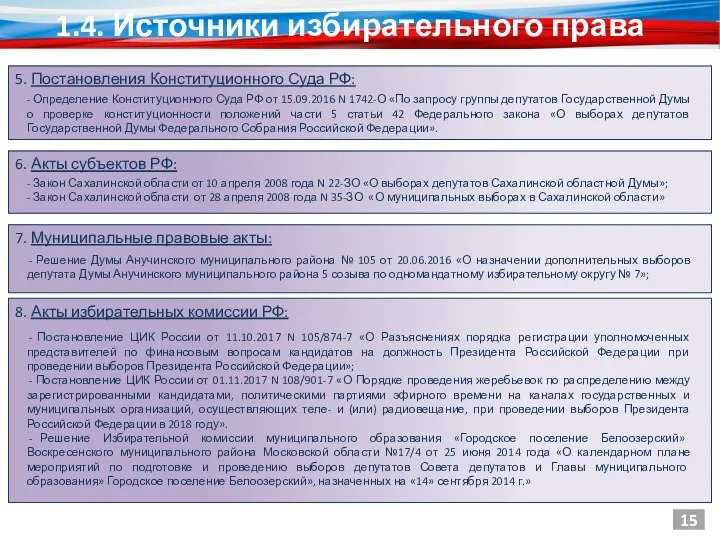 1.4. Источники избирательного права 8. Акты избирательных комиссии РФ: Постановление