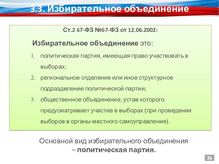 3.3. Избирательное объединение Ст.2 67-ФЗ №67-ФЗ от 12.06.2002: 36 Избирательное