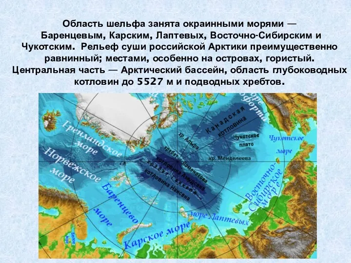 Область шельфа занята окраинными морями — Баренцевым, Карским, Лаптевых, Восточно-Сибирским