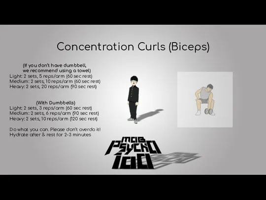 Concentration Curls (Biceps) (If you don’t have dumbbell, we recommend