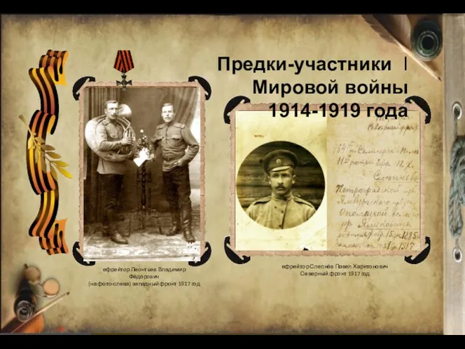 Предки-участники I Мировой войны 1914-1919 года ефрейтор Леонтьев Владимир Фёдорович (на фото-слева) западный