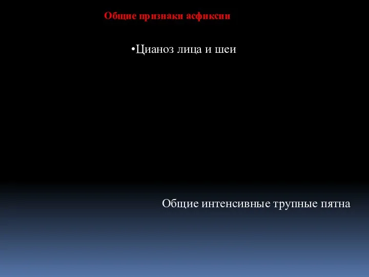 Общие признаки асфиксии Цианоз лица и шеи Общие интенсивные трупные пятна