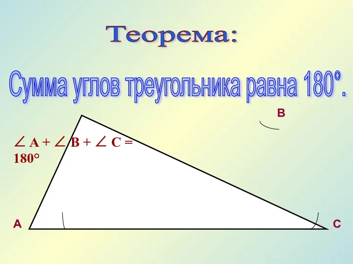 Сумма углов треугольника равна 180°. Теорема: A B C ∠