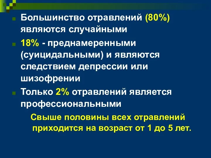 Большинство отравлений (80%) являются случайными 18% - преднамеренными (суицидальными) и