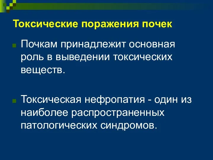 Токсические поражения почек Почкам принадлежит основная роль в выведении токсических