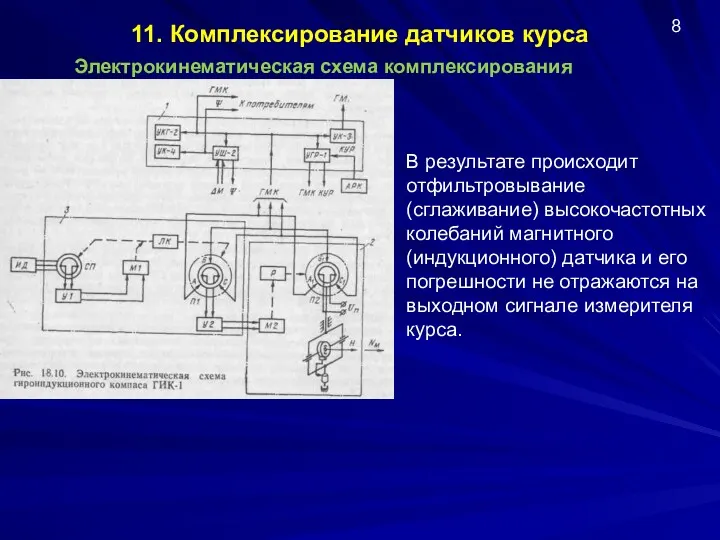 11. Комплексирование датчиков курса Электрокинематическая схема комплексирования 8 В результате