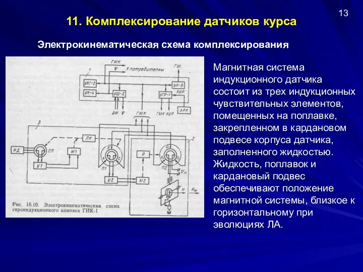 11. Комплексирование датчиков курса Электрокинематическая схема комплексирования 13 Магнитная система