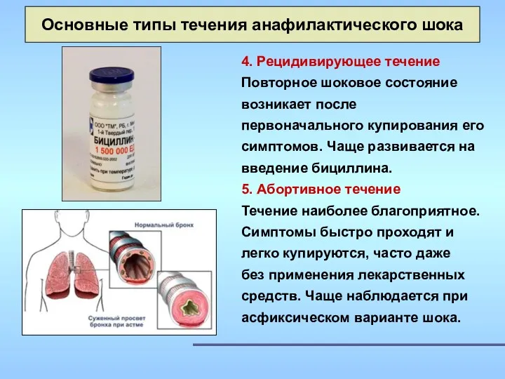 Основные типы течения анафилактического шока 4. Рецидивирующее течение Повторное шоковое