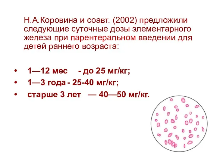 Н.А.Коровина и соавт. (2002) предложили следующие суточные дозы элементарного железа