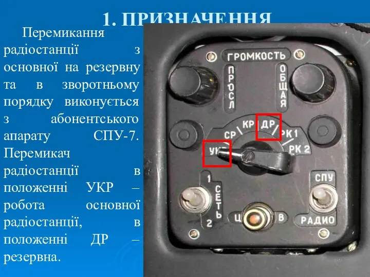 1. ПРИЗНАЧЕННЯ Перемикання радіостанції з основної на резервну та в