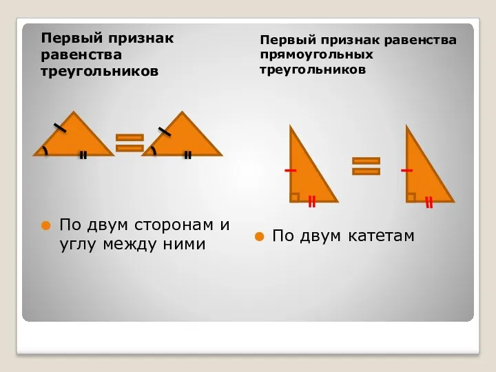 Первый признак равенства треугольников Первый признак равенства прямоугольных треугольников По