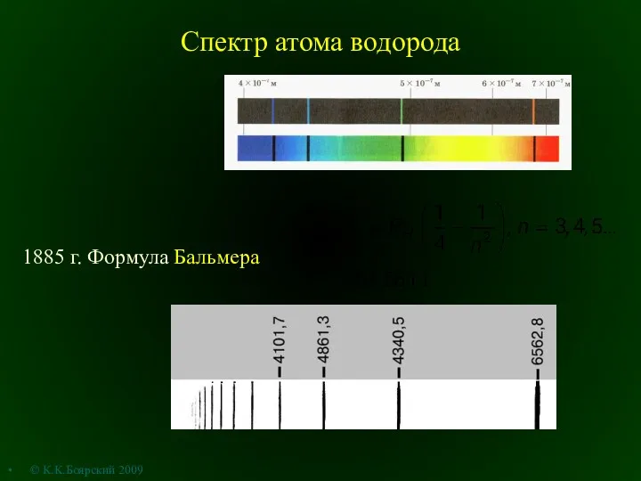 Спектр атома водорода 1885 г. Формула Бальмера © К.К.Боярский 2009