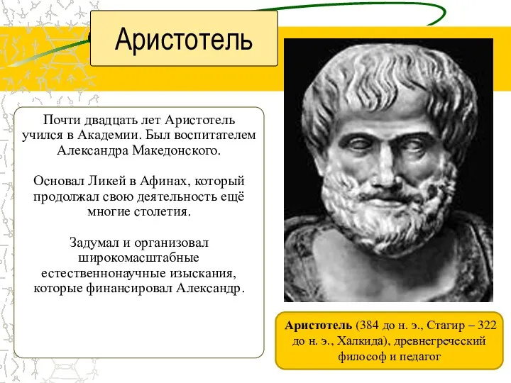 Аристотель Почти двадцать лет Аристотель учился в Академии. Был воспитателем