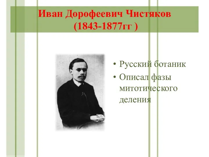 Иван Дорофеевич Чистяков (1843-1877гг ) Русский ботаник Описал фазы митотического деления