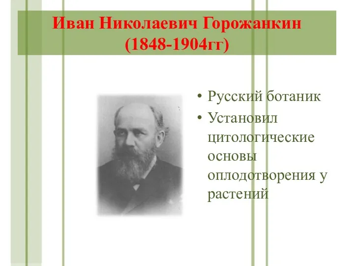 Иван Николаевич Горожанкин (1848-1904гг) Русский ботаник Установил цитологические основы оплодотворения у растений