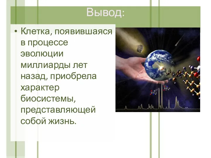 Вывод: Клетка, появившаяся в процессе эволюции миллиарды лет назад, приобрела характер биосистемы, представляющей собой жизнь.