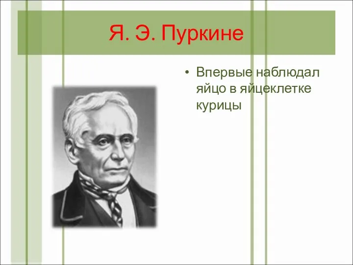 Я. Э. Пуркине Впервые наблюдал яйцо в яйцеклетке курицы