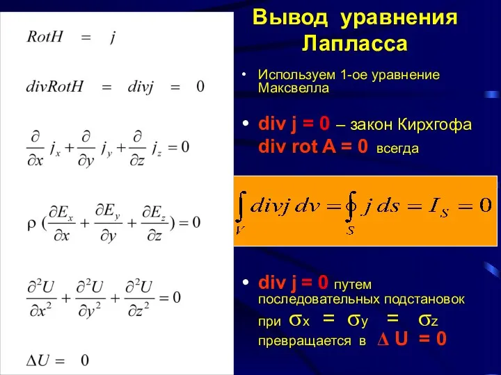 Вывод уравнения Лапласса Используем 1-ое уравнение Максвелла div j = 0 – закон