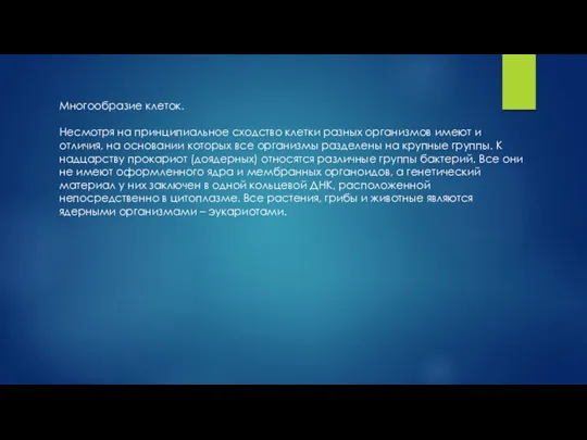 Многообразие клеток. Несмотря на принципиальное сходство клетки разных организмов имеют