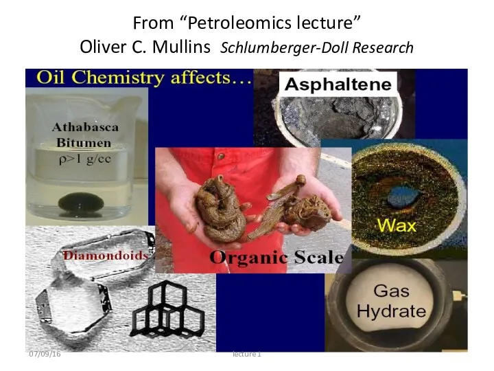 From “Petroleomics lecture” Oliver C. Mullins Schlumberger-Doll Research 07/09/16 lecture 1