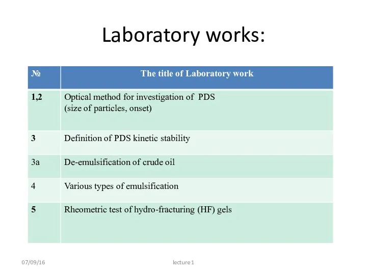 Laboratory works: 07/09/16 lecture 1