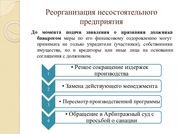 Реорганизация несостоятельного предприятия До момента подачи заявления о признании должника