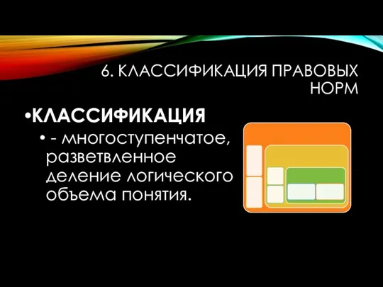 6. КЛАССИФИКАЦИЯ ПРАВОВЫХ НОРМ КЛАССИФИКАЦИЯ - многоступенчатое, разветвленное деление логического объема понятия.