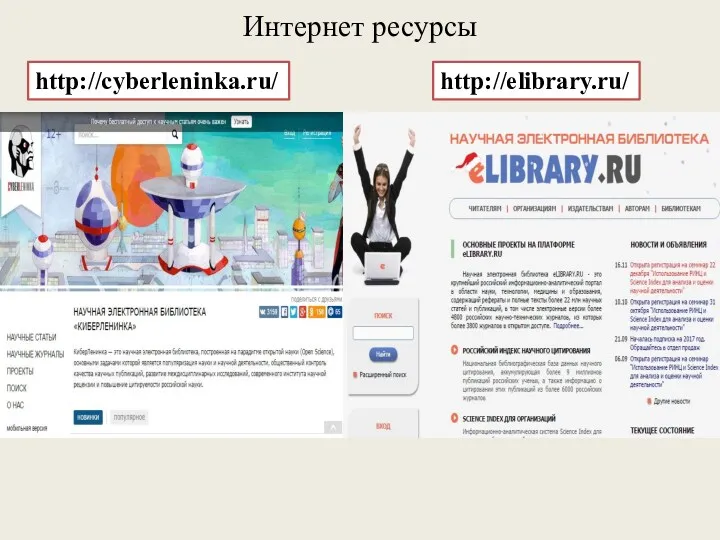 Интернет ресурсы http://cyberleninka.ru/ http://elibrary.ru/