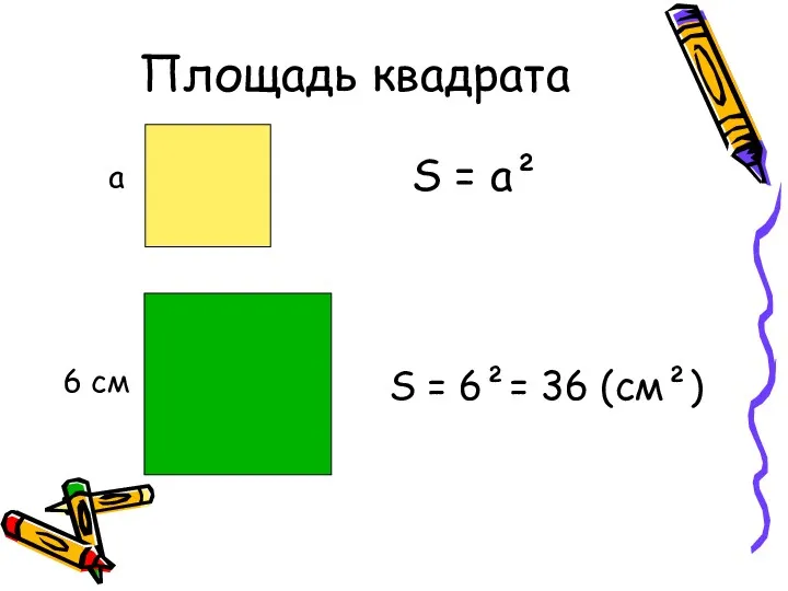 Площадь квадрата а S = a² 6 см S = 6²= 36 (см²)