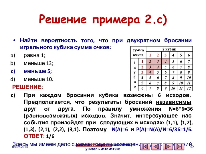 Решение примера 2.c) Найти вероятность того, что при двукратном бросании