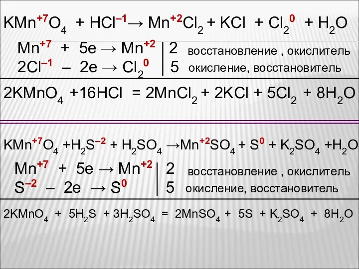 KMn+7O4 + HCl–1→ Mn+2Cl2 + KCl + Cl20 + H2O