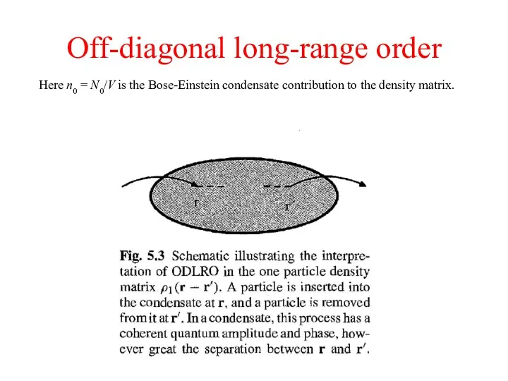 Off-diagonal long-range order Here n0 = N0/V is the Bose-Einstein condensate contribution to the density matrix.