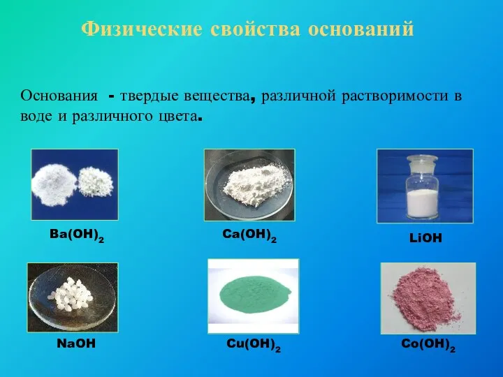 Физические свойства оснований Ba(OH)2 Co(OH)2 NaOH Ca(OH)2 LiOH Cu(OH)2 Основания