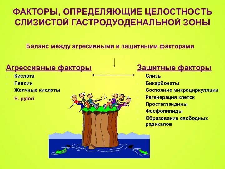 ФАКТОРЫ, ОПРЕДЕЛЯЮЩИЕ ЦЕЛОСТНОСТЬ СЛИЗИСТОЙ ГАСТРОДУОДЕНАЛЬНОЙ ЗОНЫ Агрессивные факторы Кислота Пепсин